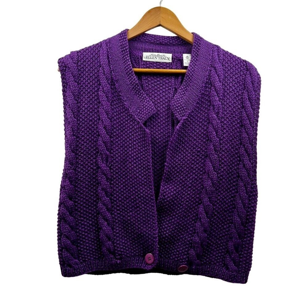 Ellen Tracy Hand Knit Wool Vest Women‎ S Purple Cable Knit Vintage Grandmacore